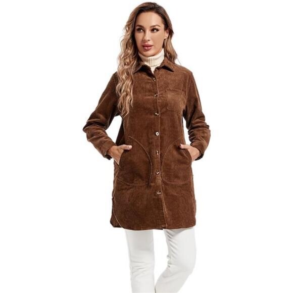 Women's Corduroy Shirt Coats Long Sleeve Button Down Blouses Tops with Pockets - Picture 4 of 7